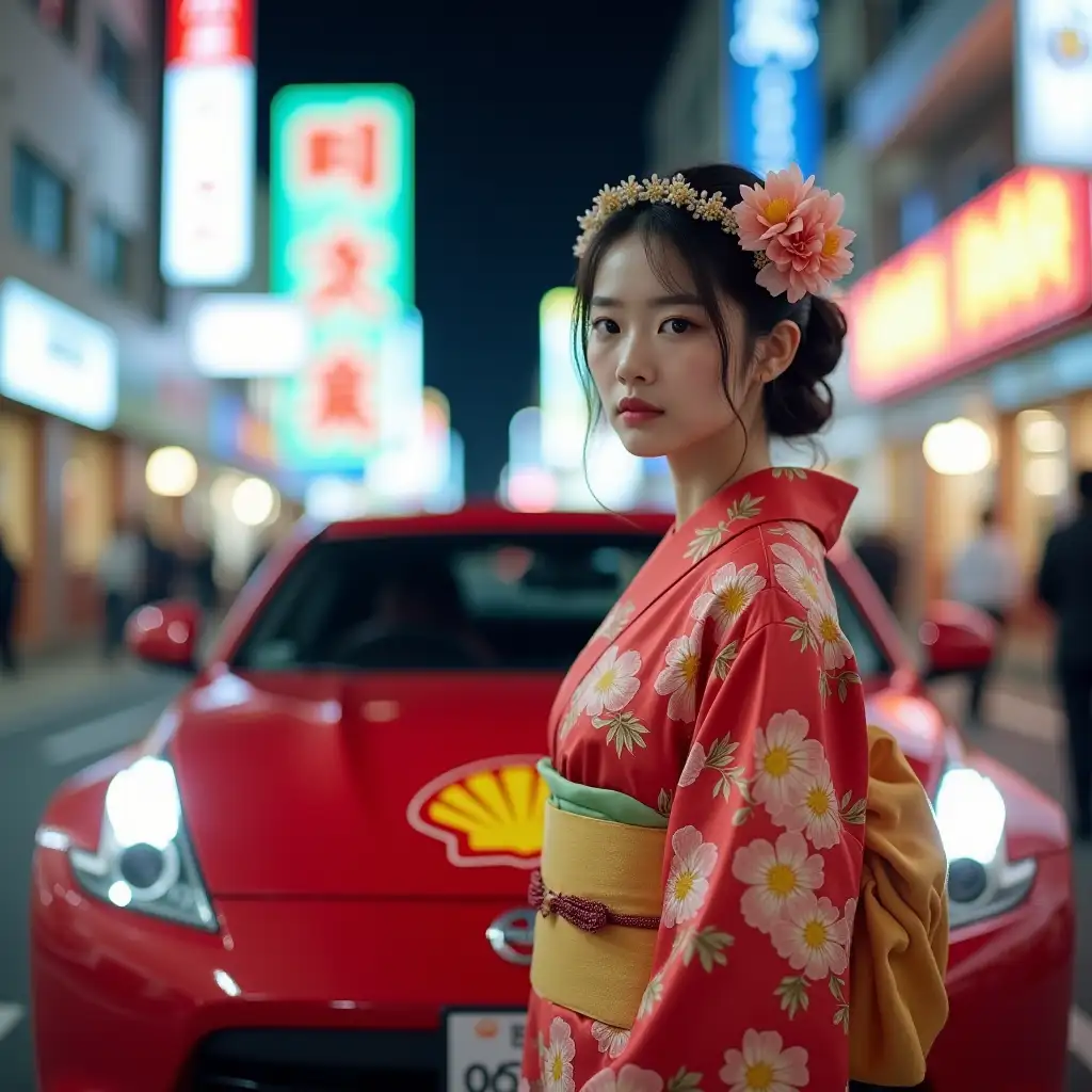 young korea woman wearing a traditional Japanese kimono. She is standing in front of a red sports car with the Shell logo on it. The woman has a flower crown on her head and is looking off to the side with a serious expression on her face. The background is blurred, but it appears to be a busy street at night with neon signs and buildings. The overall mood of the image is vibrant and colorful.