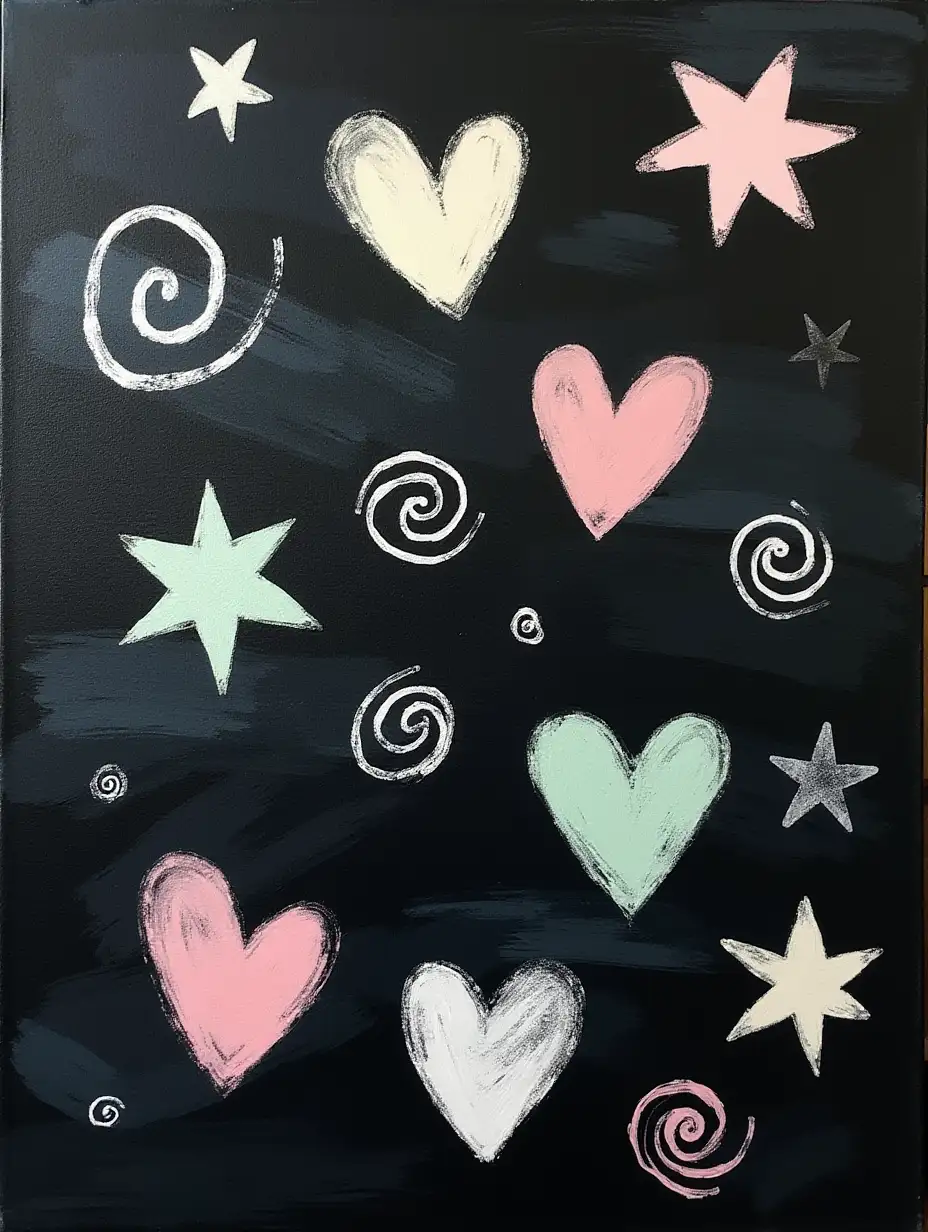 Create an abstract painting with a smoky, textured black background created by sweeping horizontal brushstrokes, overlaid with pastel shapes resembling hand-drawn doodles such as spirals, hearts, and stars in soft pink, mint green, and light yellow. Use a chalky texture for the pastel shapes to contrast against the dark background.