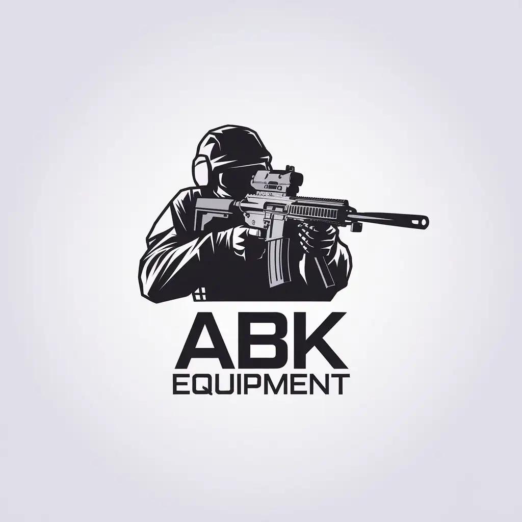 a vector logo design,with the text "ABK equipment", main symbol:soldier aiming with modified automatic weapon,Minimalistic,be used in Entertainment industry,clear background