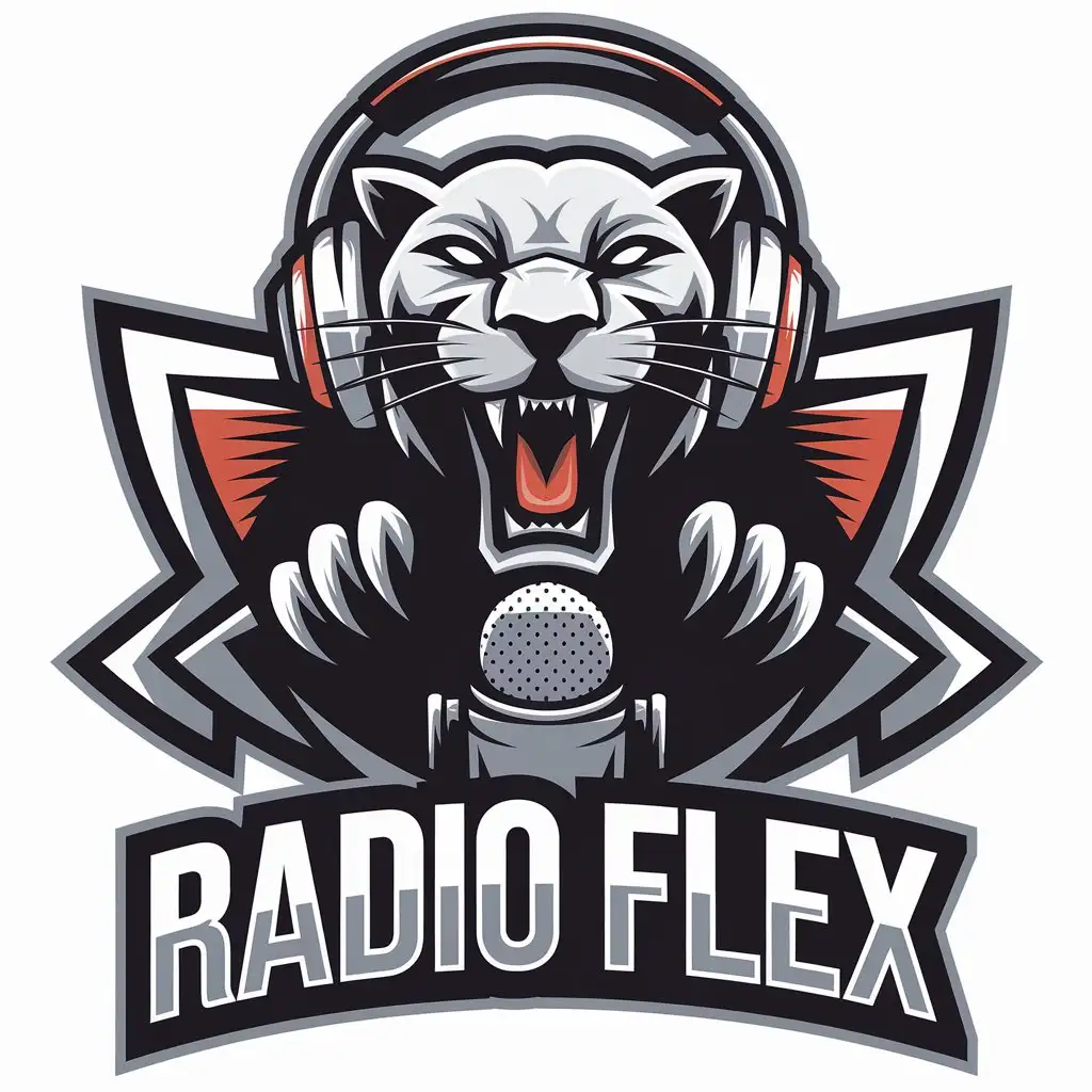 LOGO Design for Radio Flex Panther with Headphones Screaming at Podcast Microphone in Bold Entertainment Style