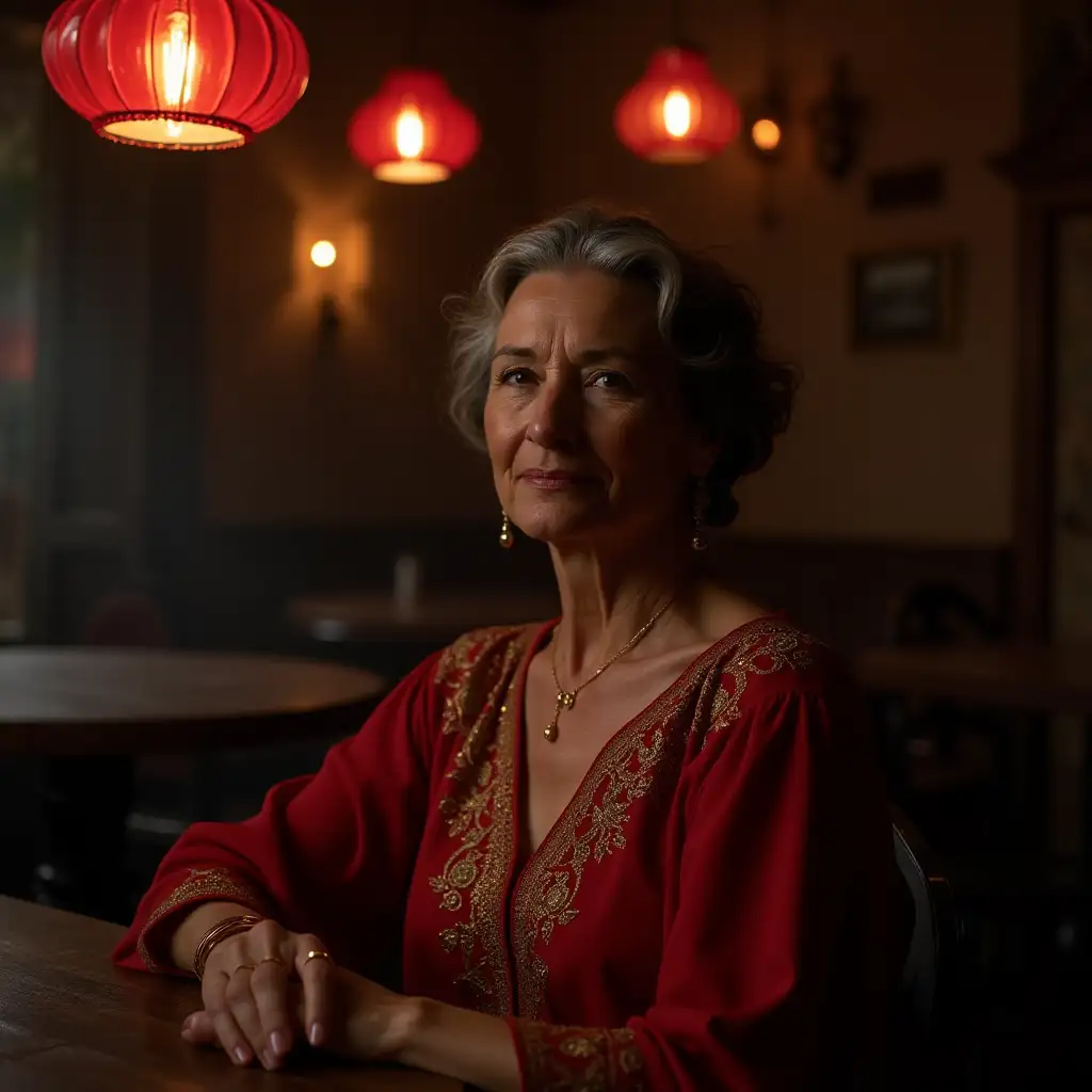 A older woman black with red gold dress sits in a tavern with red hanging lamps