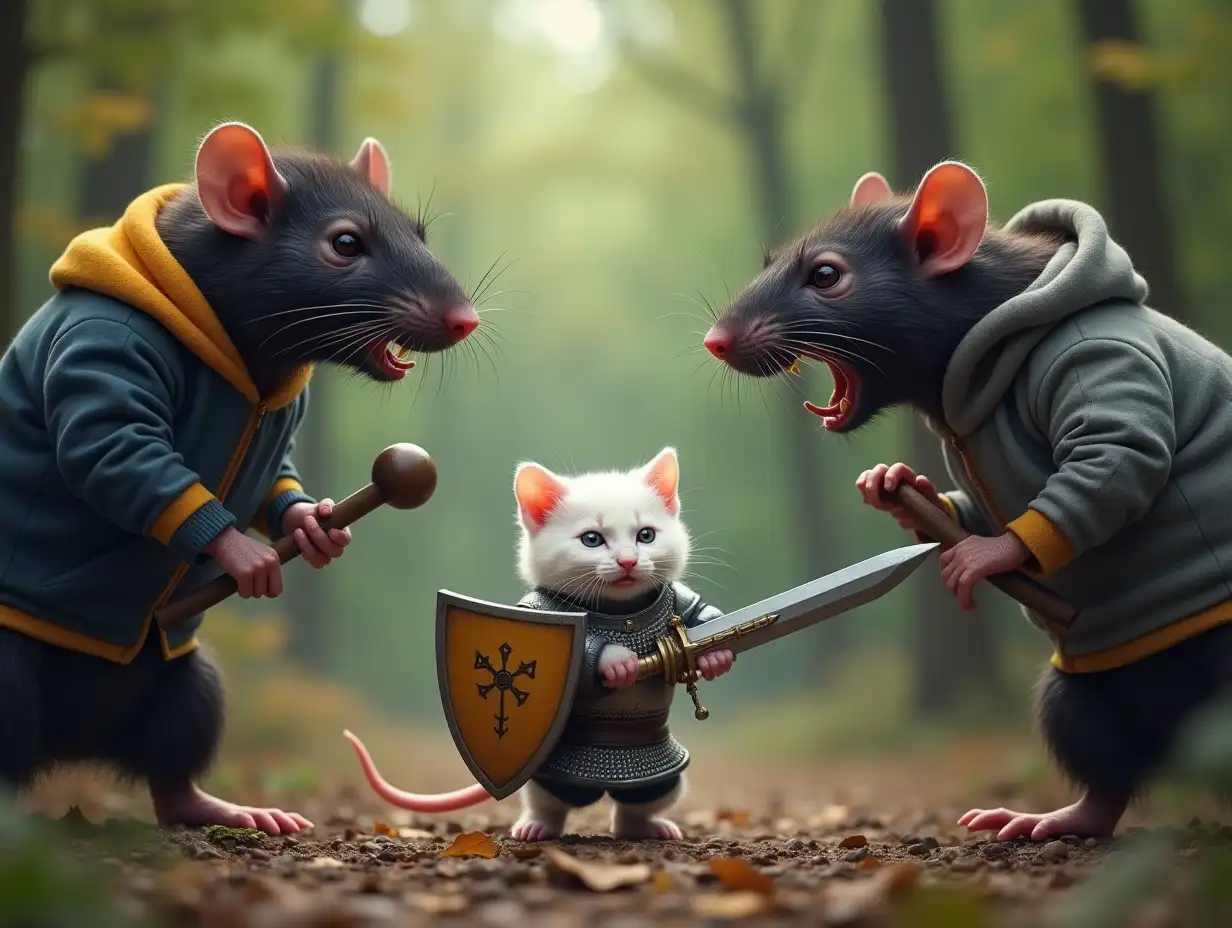 Background - summer forest. Small white human-like kitten in knight's armor, covering itself with a shield, fending off two large black human-like rats with a sword. There is anger on the kitten's muzzle. A black cut-off rat tail lies on the ground. The rats have bared fangs, wearing hoodies. Both rats are armed with clubs, one rat is missing a tail. Two rat paws protrude from the bottom of the screen, holding a club.