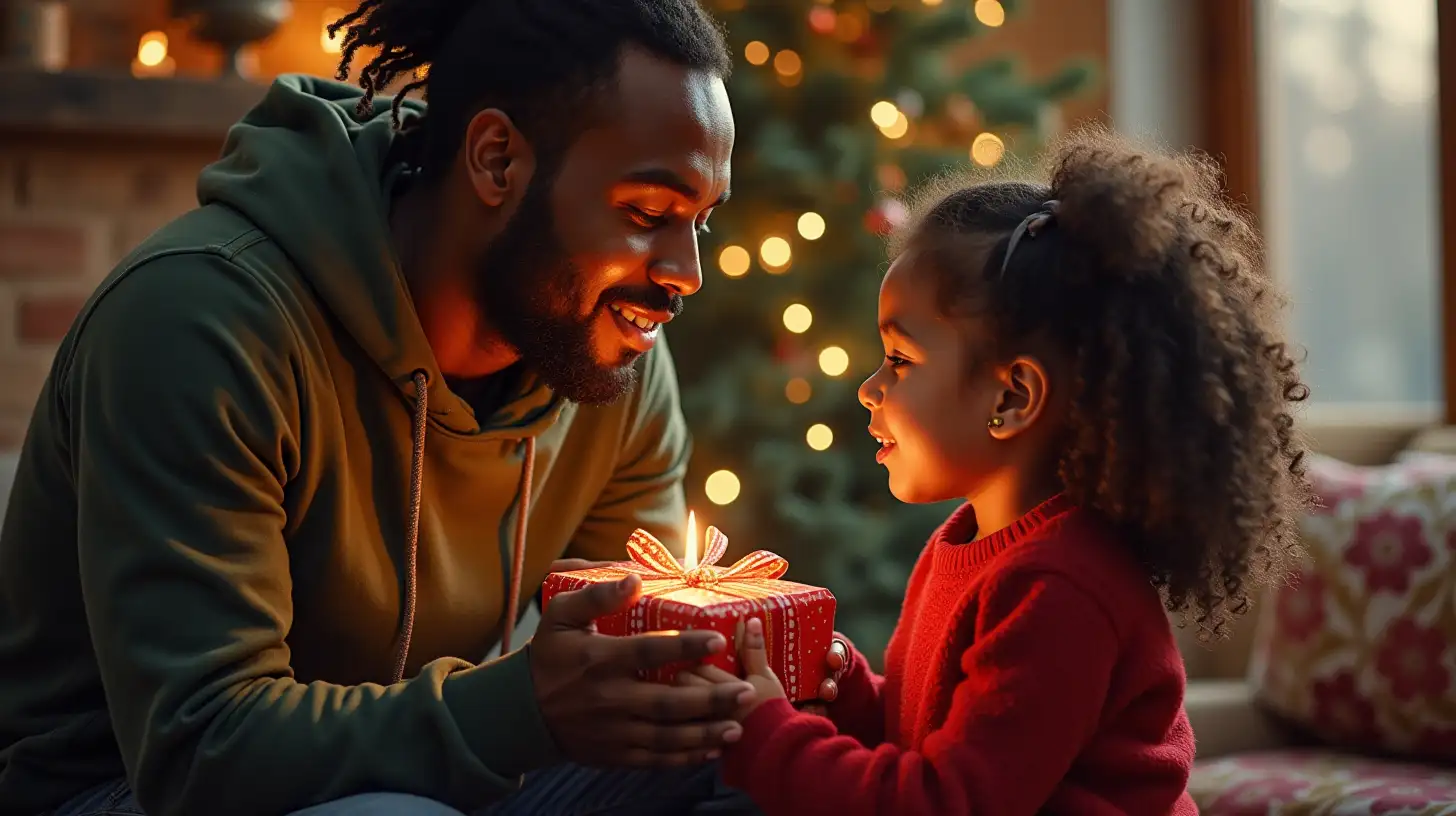 Father and Daughter Sharing Christmas Joy Heartwarming Oil Painting