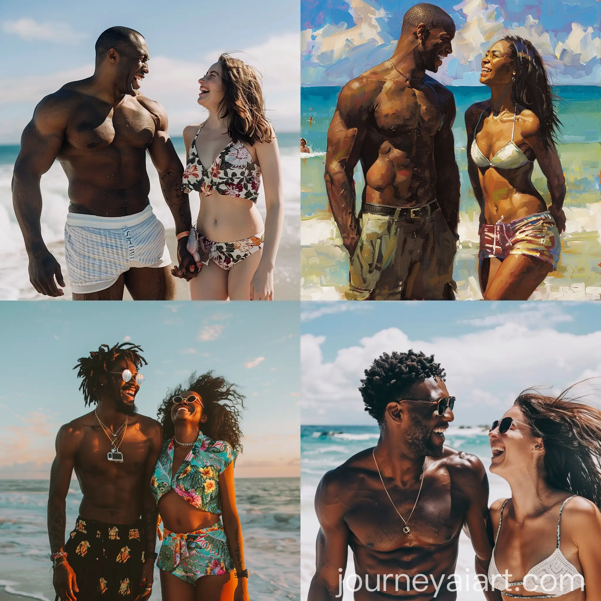 Laughing-Couple-Tall-Muscular-Black-Man-with-Short-Woman-at-the-Beach