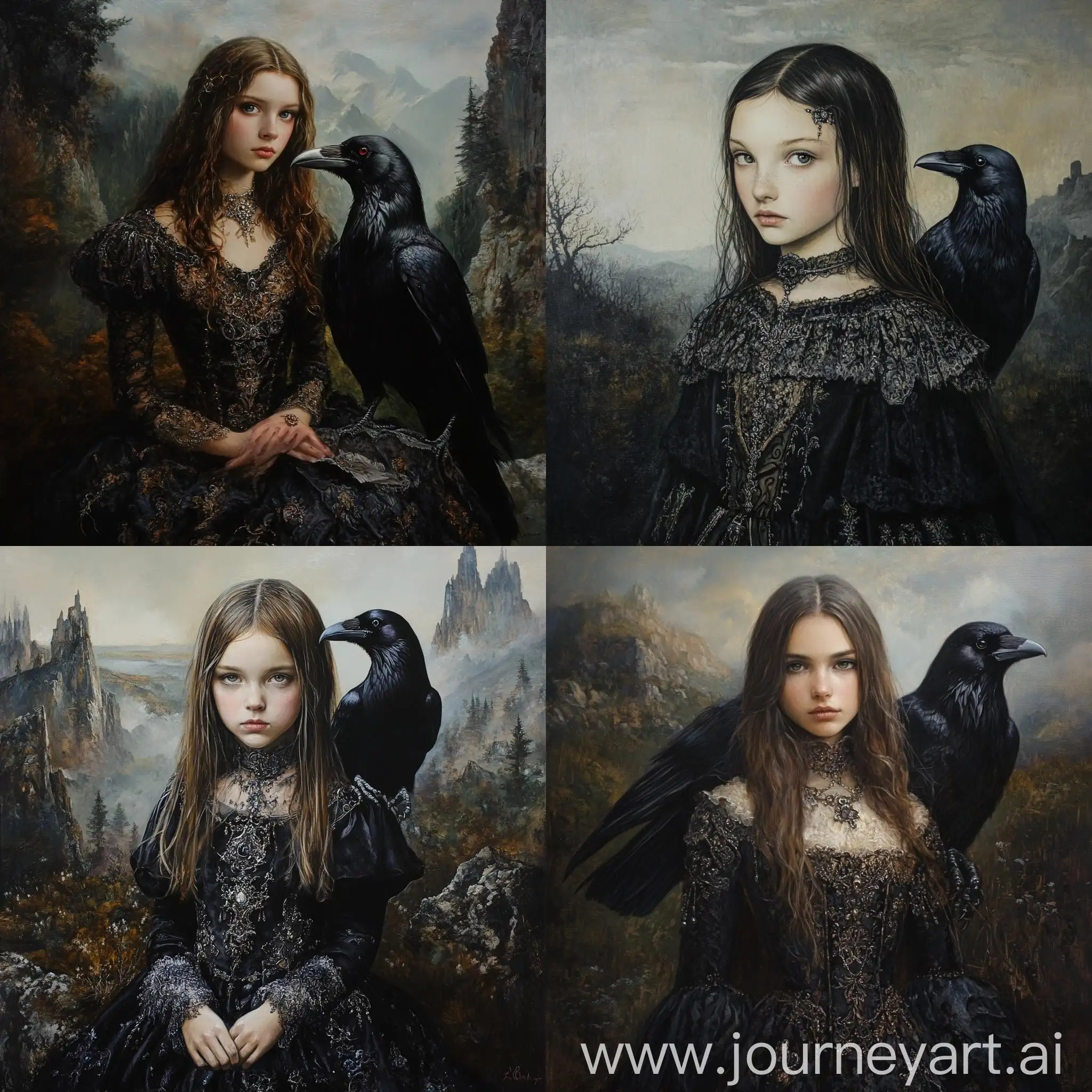 Gothic-Style-Girl-with-Raven-Portrait-in-Mystical-Landscape