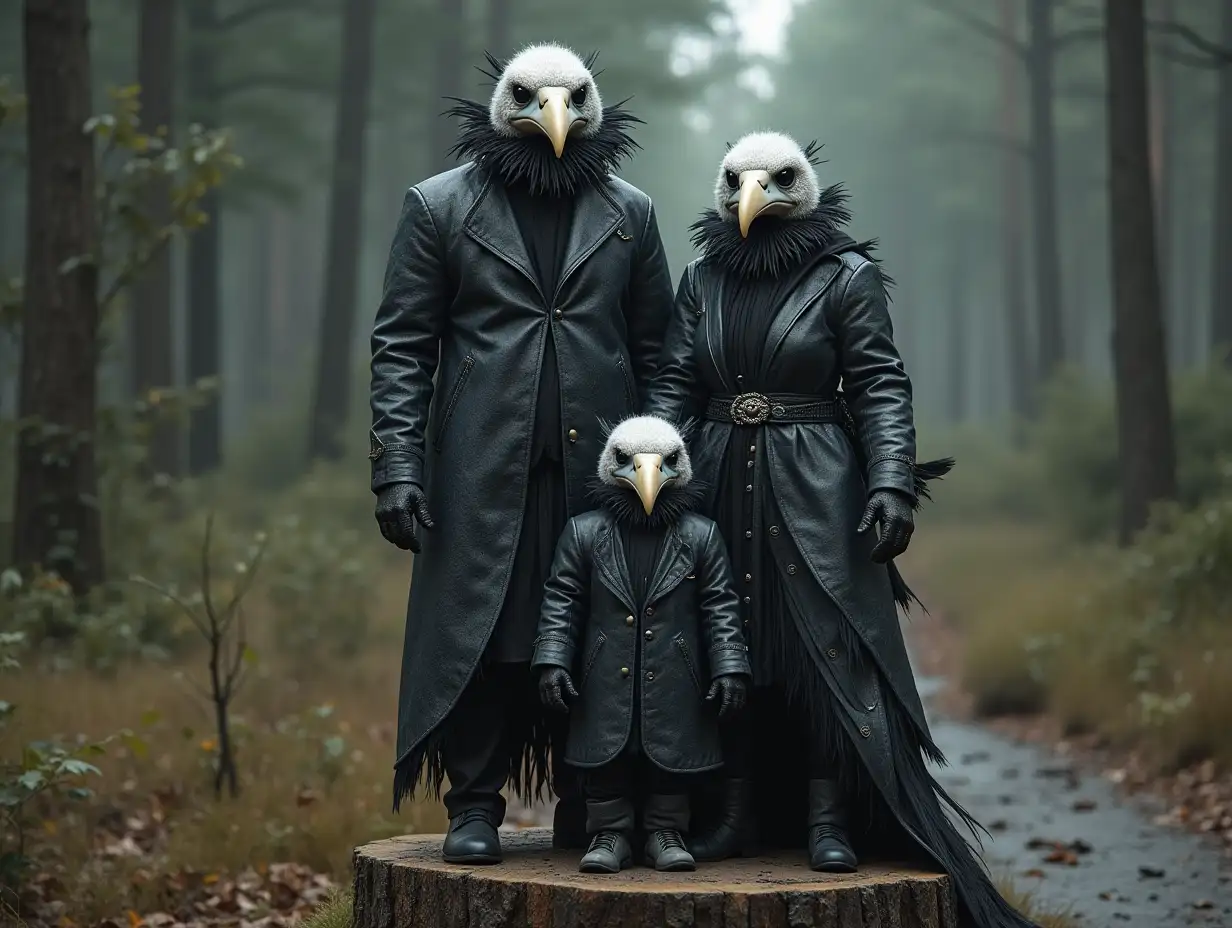 AI-fantasy family, man, woman, and children, with VULTURE face and black and white leather coat, fish pattern standing on a stump in 4k