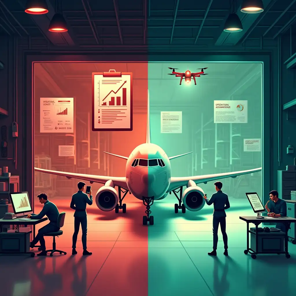 A split-screen digital illustration showing a dramatic contrast in an aircraft hangar. Left side (Cost Center): Dimly lit in red tones, with scattered tools and clutter. Stressed technicians are using paper checklists. A large clipboard shows “HIGH COSTS” with a downward red bar graph. A sign says “DELAYED”, and a grounded aircraft sits idle. Right side (Strategic Advantage): Bright and modern with green tones. Technicians use tablets and drones to inspect a ready-for-takeoff aircraft. Digital dashboards show upward-trending graphs labeled “OPERATIONAL EFFICIENCY?” , “SAFETY IMPROVED”, and a glowing sign “PREDICTIVE MAINTENANCE SUCCESS”. The area is neat, with high-tech elements and efficient workflows. Style: Flat digital illustration, infographic-like, using a strong red/green color contrast to represent the transformation from inefficiency to strategic performance.