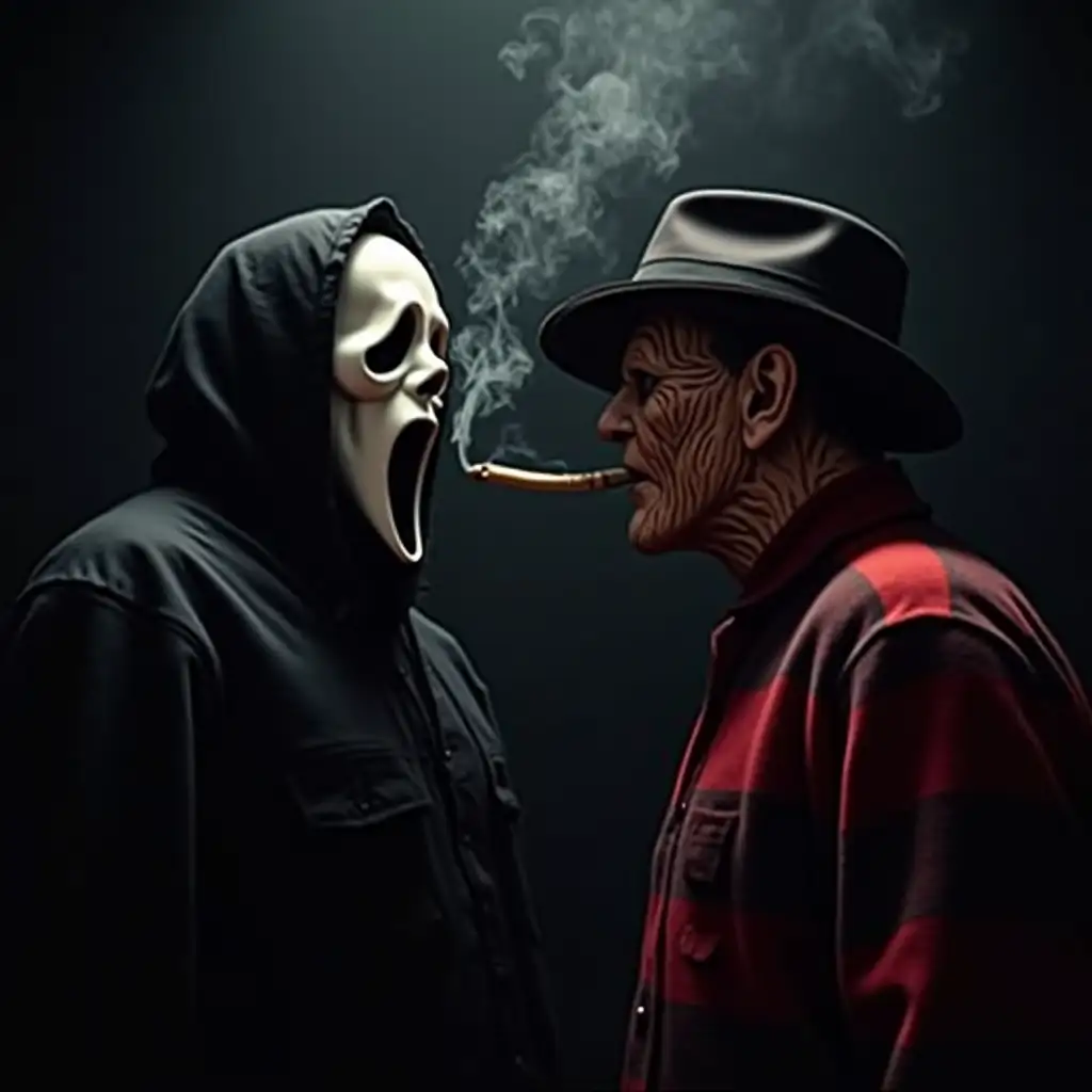 Ghostface from scream is smoking a joint with freddy kreuger from nightmare on elm street, smokey dark background