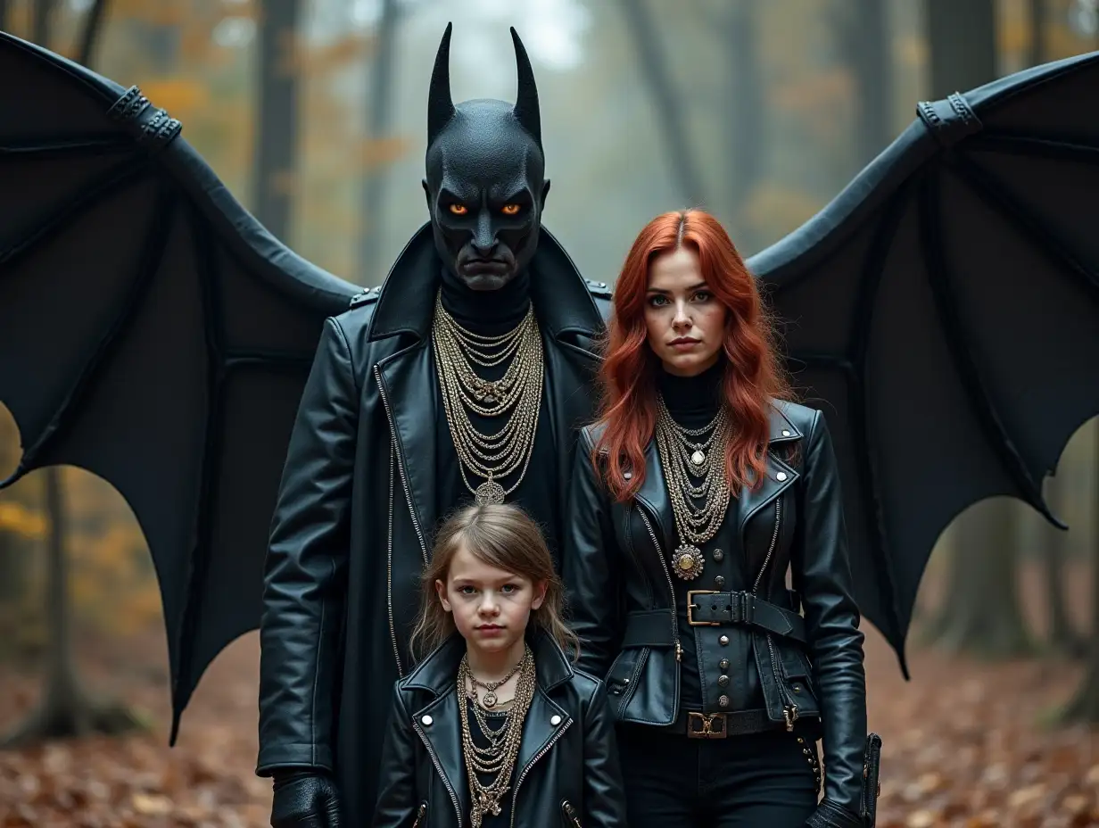 Ki-Fantasy family,Man,Woman, and Children, giant batface with many chain necklaces and black white leather coat