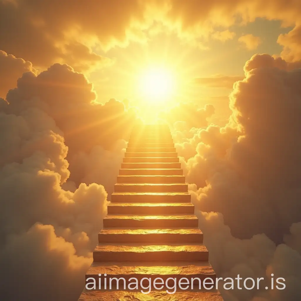 stairway to heaven golden, beautiful, 125 steps, clouds, and in the center sun all in rays