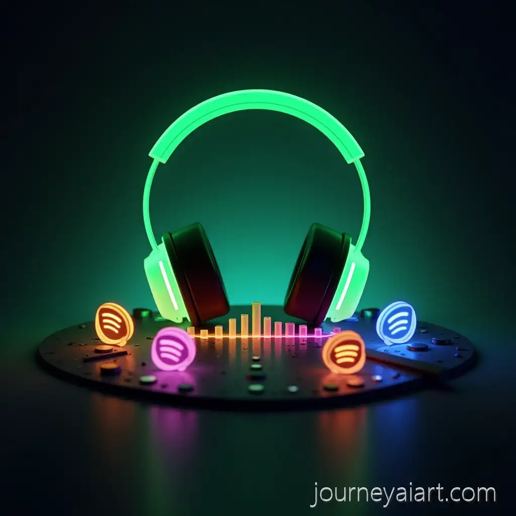 GlGlowing-headphones-with-sound-wavesowing-Headphones-Surrounded-by-Colorful-Sound-Waves-and-Spotify-Icons-in-Futuristic-Green-Neon-Background