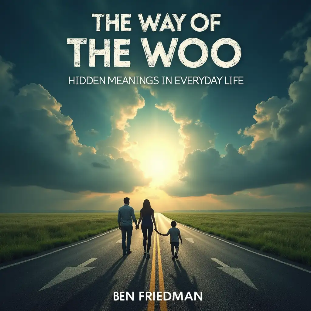 Create book cover  with title, The Way of the WOO  The World of Obscurity: Hidden Meanings in Everyday Life, By Ben Friedman A man ,woman and child at a road fork, looking in different directions, opens up a path in the form of a light horizon, symbolizing finding answers and hidden meanings