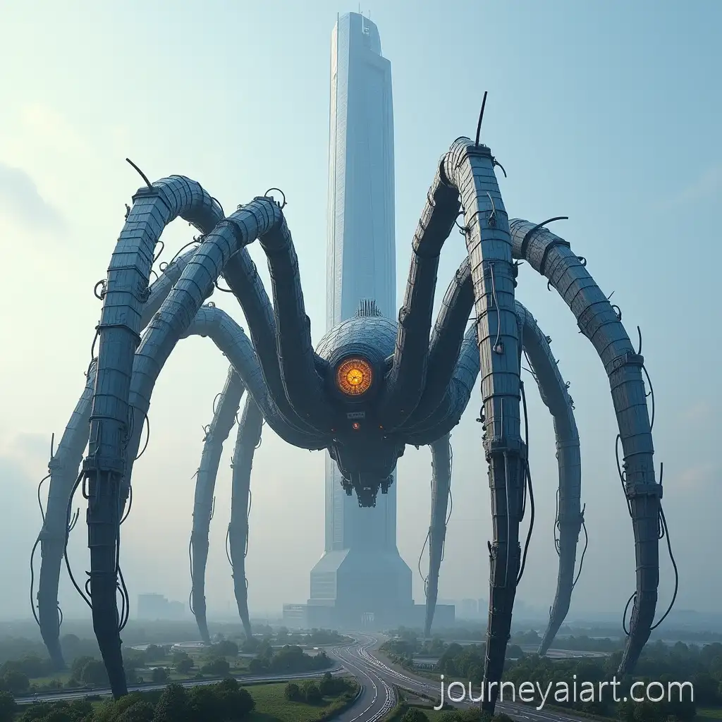 Giant-SpiderAI-Art-Prompt-ExpansionInspired-Skyscraper-Building-with-LegLike-Towers-and-Floating-Head-Structure