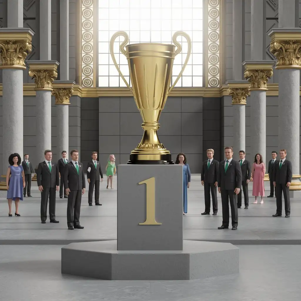 a globe is standing on a pedestal in the first place against a backdrop of a festive 3d ceremony