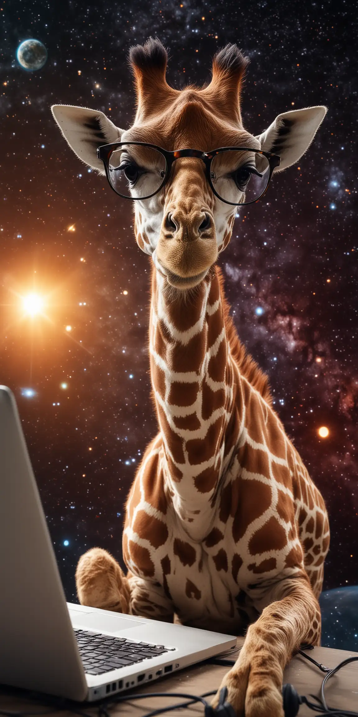 Baby Giraffe with Glasses Working on Computer in Space Solar System