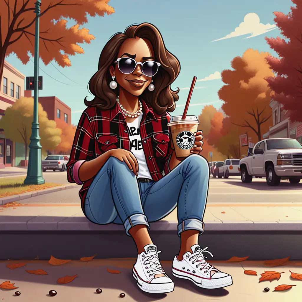 cartoon Kamala;fall aesthetic; iced coffee; sunglasses; flannel shirt; jeans; chucks; pearls