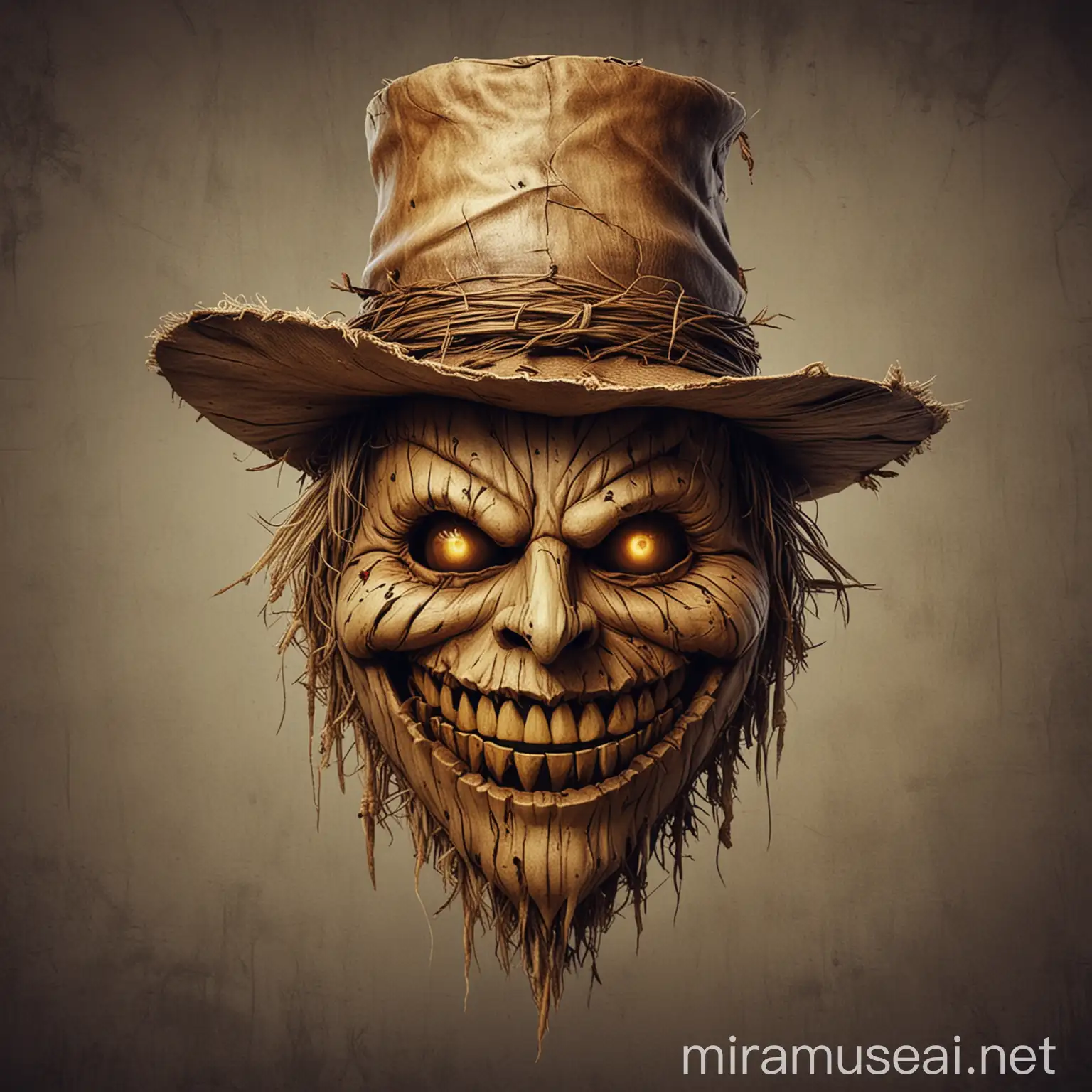 Terrifying Scarecrow Head Logo with a Hat and Sinister Grin