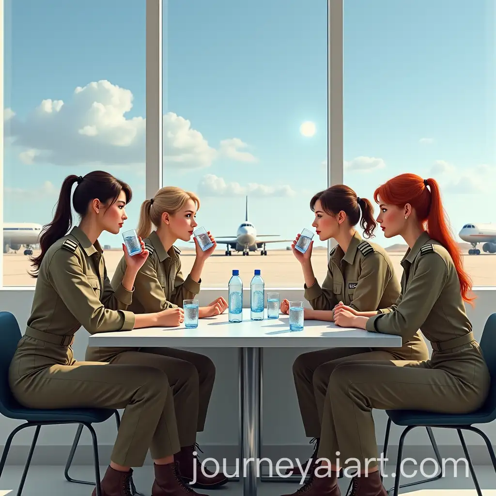 Five-Female-Russian-Military-Pilots-Enjoying-Mineral-Water-at-a-Desert-Airfield
