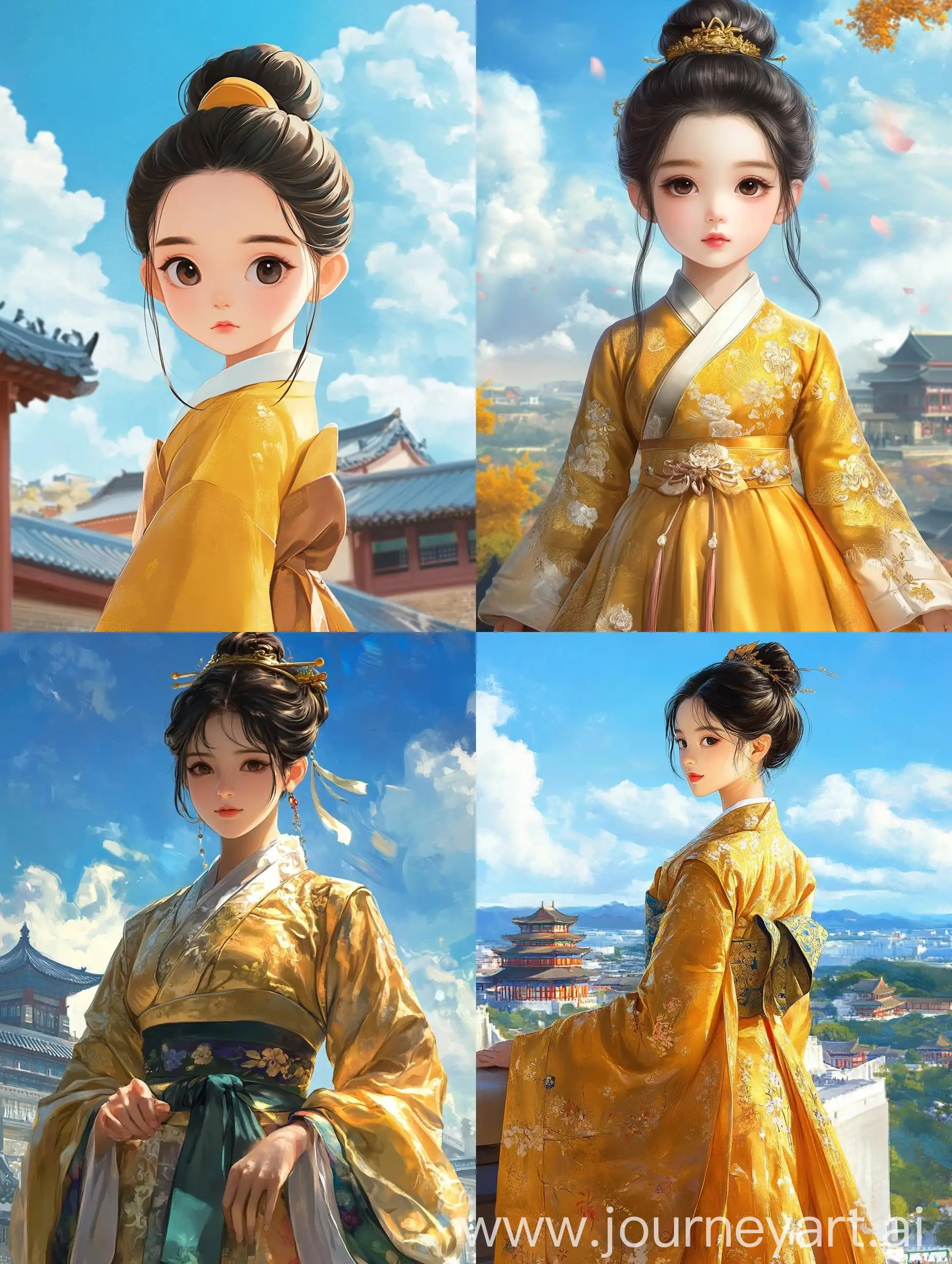 Girl-in-Golden-Hanbok-at-Imperial-Palace-with-Blue-Sky-Background