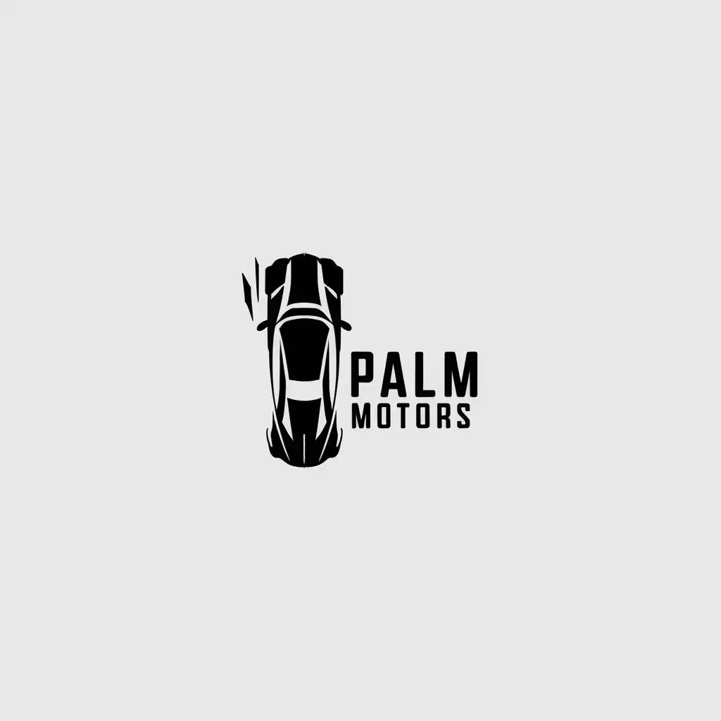 a vector logo design,with the text "PALM MOTORS", main symbol:car,Minimalistic,be used in Automotive industry,clear background