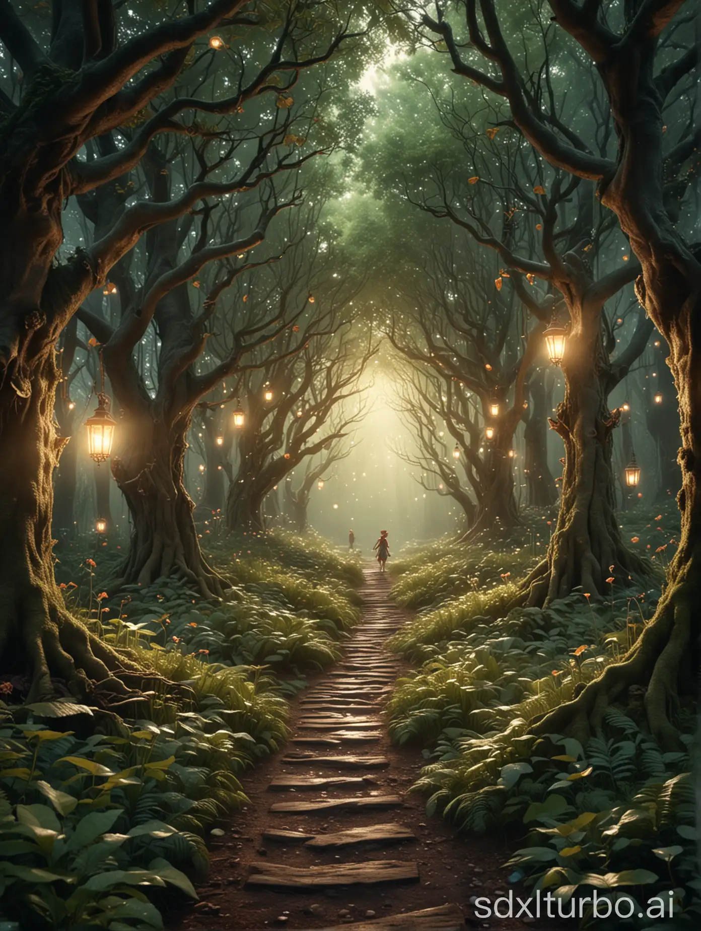 Dreamy Forest, with small elves flying everywhere, cinematic, beautiful light falling down through the trees with a small pathway in the middle.