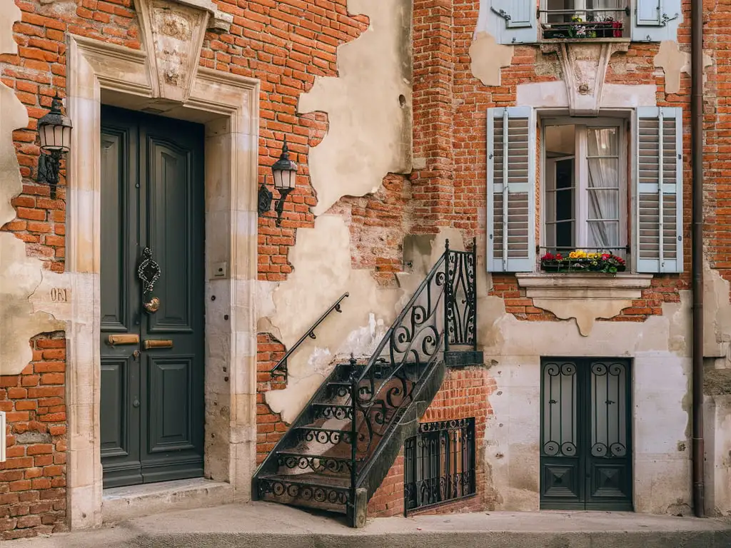 French Historical Building Facade with Entrance Door and Upstairs Window