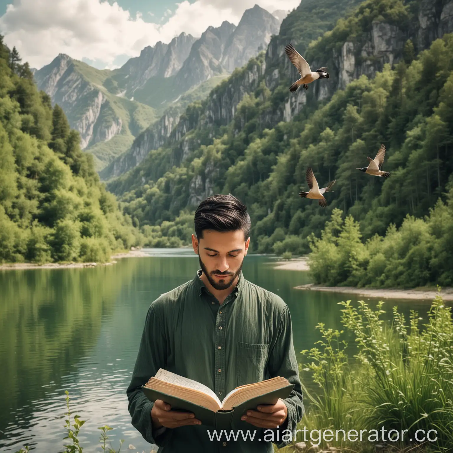 Young-Man-Reading-a-Book-by-the-Mountain-Lake