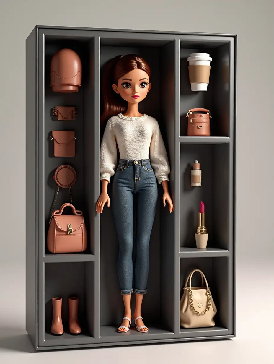 Create a collectible action figure of a person - like an expensive toy in packaging. Style: most realistic, as for advertising or storyboarding (ratio 9:16). Main: This is a 3D doll in the style of Bratz, made of soft touch plastic. The character is full size and repeats the appearance from photo 1. Copy every detail: hairstyle, lips, eyes, facial features and proportions. Clothing - with an emphasis on style and textures. The doll lies in a plastic recess that repeats its silhouette. Packaging: Style of modern box. Box: transparent plastic in front, cardboard back. Colors (dark gray/brown) EMILY's name should be at the top of the box - letters embossed and engraved. Accessories inside the box: Laid out next to the doll on its own in separate compartments: Repeat accessory from photos 2 and 3, add a coffee cup, lipstick, stylish bag. Accessories are extremely photorealistic and detailed mini-versions. Key: style, visual and detailing - as for premium collectible toys🩵
