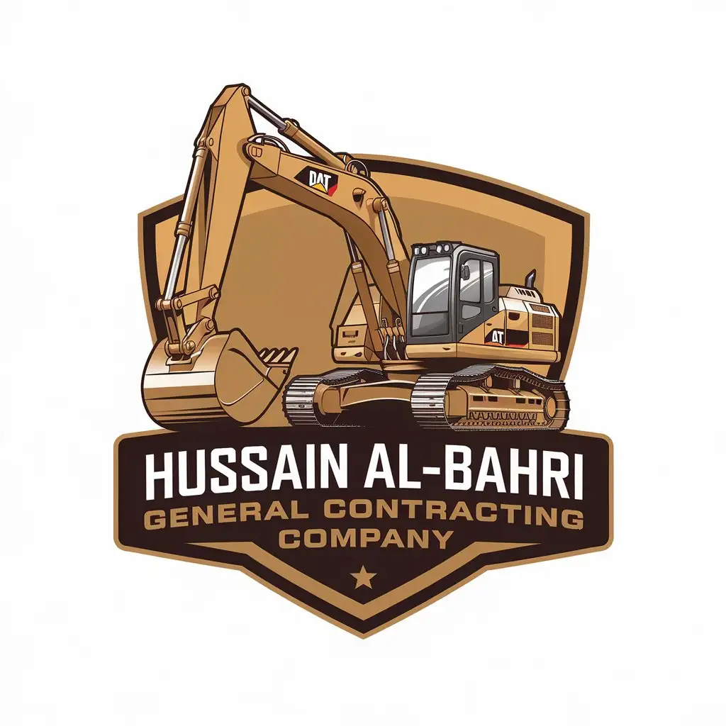 a vector logo design,with the text "Hussain Al-Bahri General Contracting Company", main symbol:Caterpillar excavator,Moderate,be used in Real Estate industry,clear background