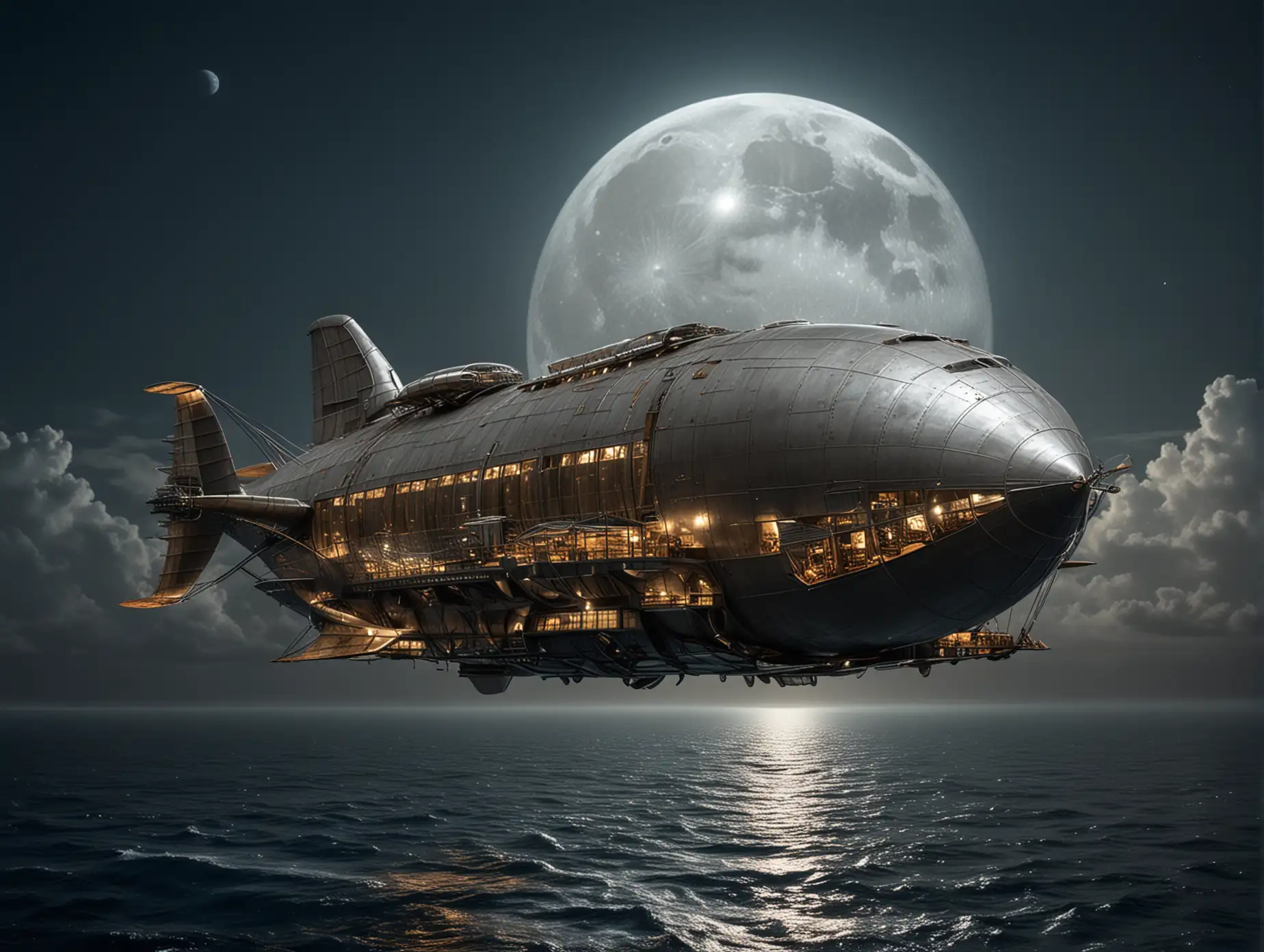 Sleek-Metal-Airship-Flying-Over-Tropical-Sea-at-Night-with-Full-Moon