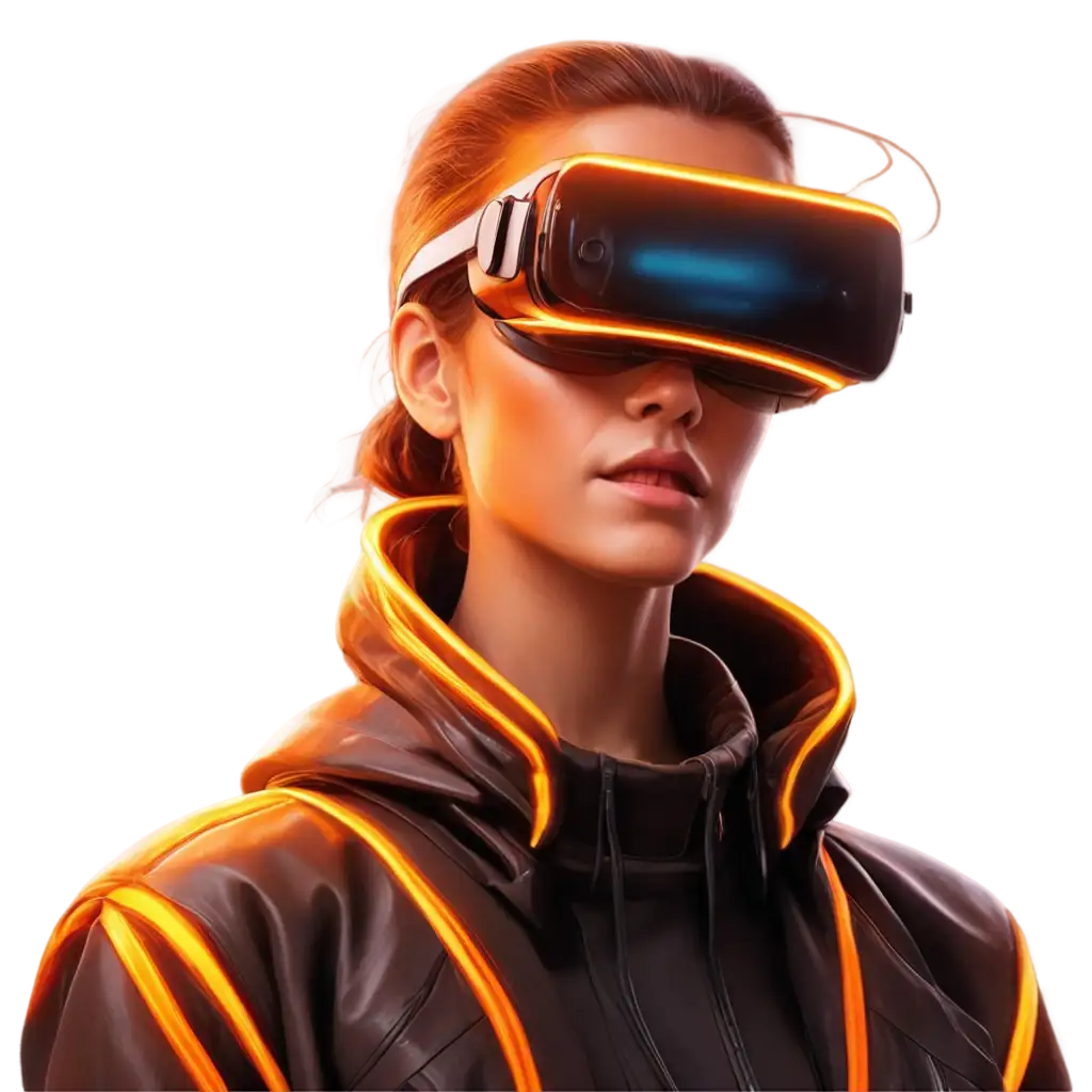 Futuristic-VR-Character-with-Glowing-Circuitry-in-EmberHued-Cityscape-HighQuality-PNG-Artwork