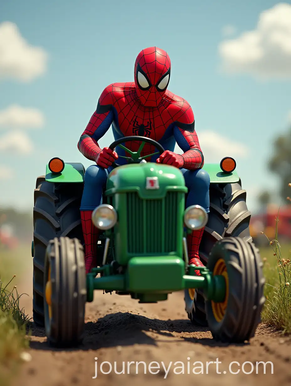 SpiderMan-Driving-a-Small-Green-Tractor