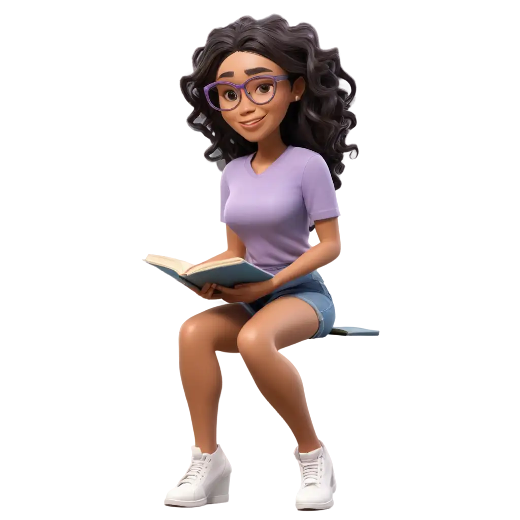 Create-a-PNG-3D-Illustration-Latina-Woman-Sitting-on-Book-or-Leaves-with-Lesson-Plan-or-Class-Theme