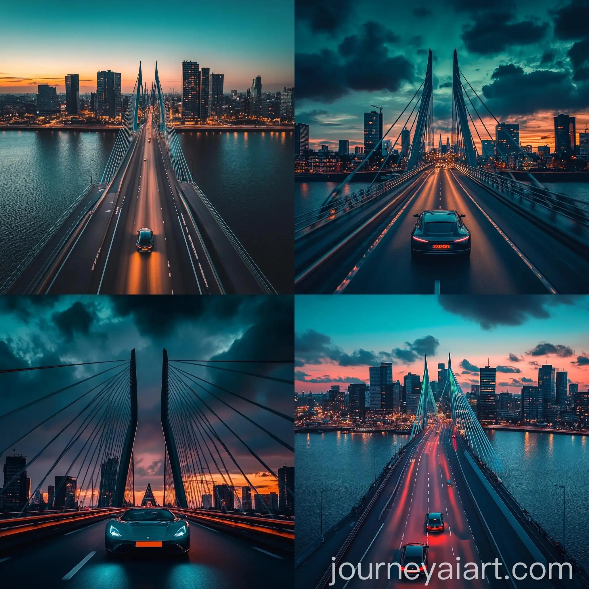 Luxury-Car-Crossing-Erasmus-Bridge-at-Sunset-in-Rotterdam-with-Teal-Glow