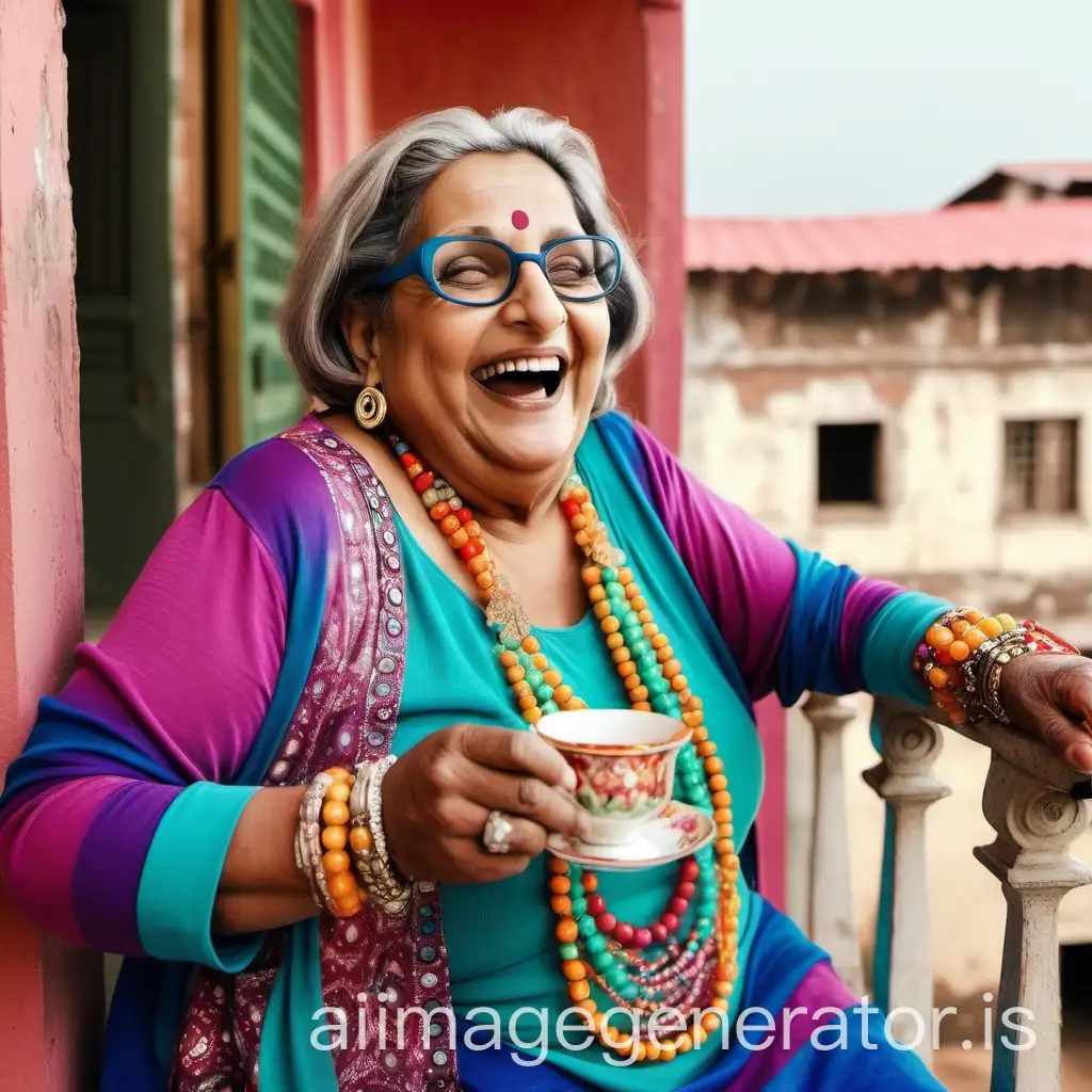 Happy-Mature-Punjabi-Woman-with-Spectacles-Enjoying-Tea-on-Balcony