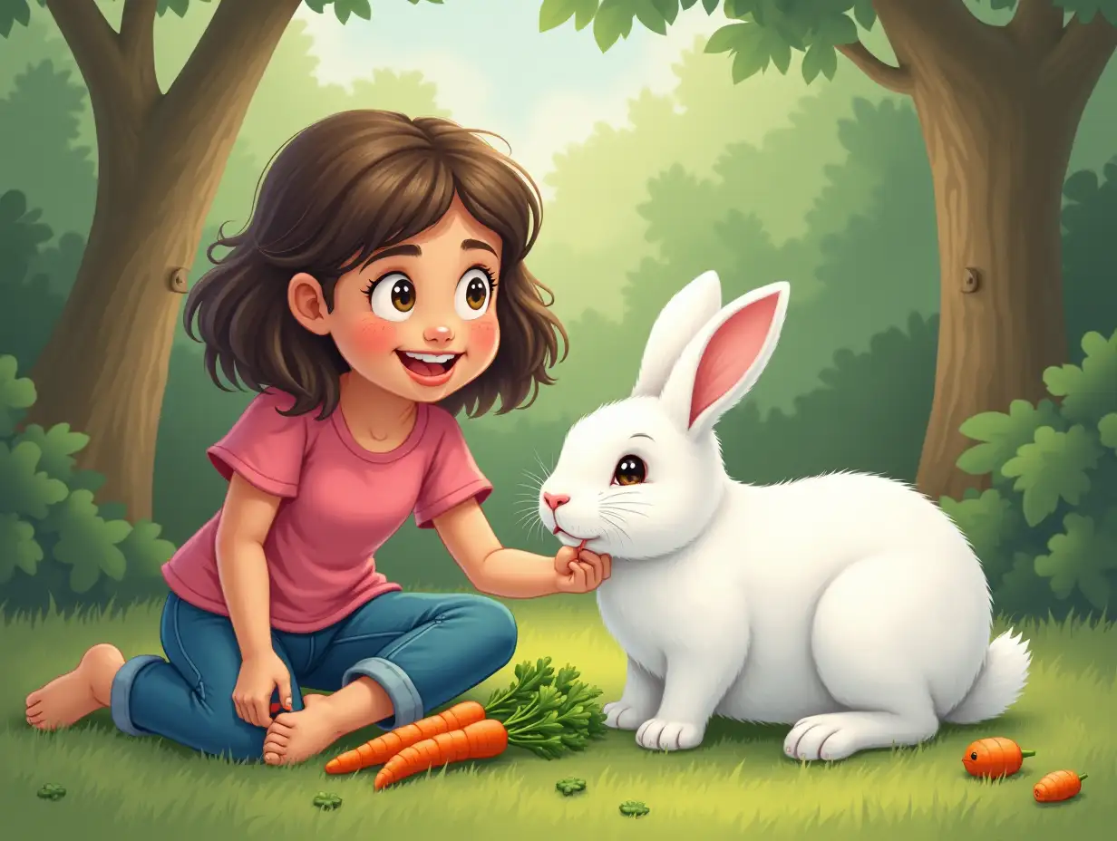 Sara has a pet rabbit named Snowy. Snowy is white and very soft. Every afternoon, Sara feeds Snowy carrots and lettuce. Snowy likes to hop around the garden and play under the trees. Sara laughs when Snowy wiggles his nose.