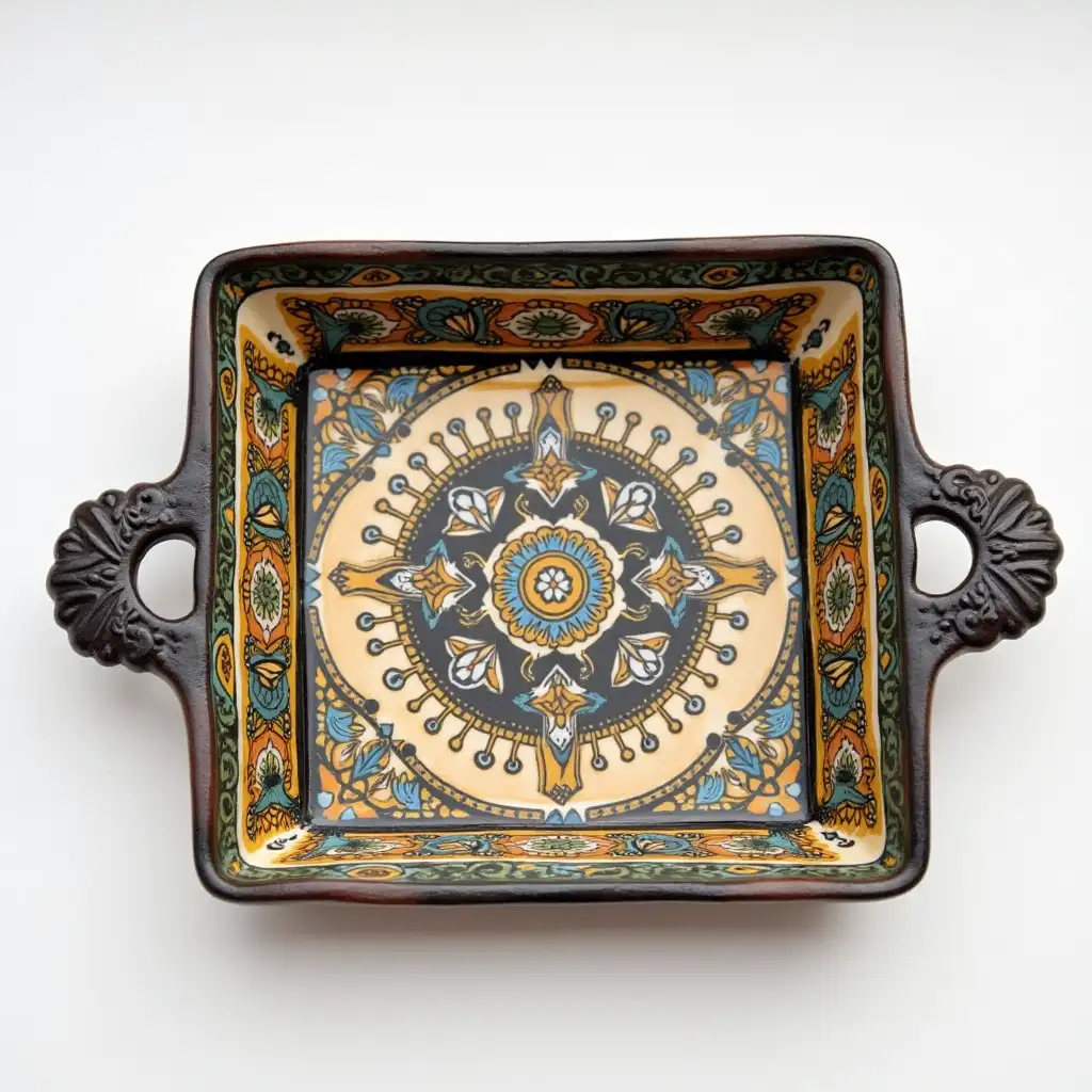 Square with rounded corners ceramic serving dish with embossed beautiful handle, antique and old, Qajar art, Iranian Tabriz carpet design