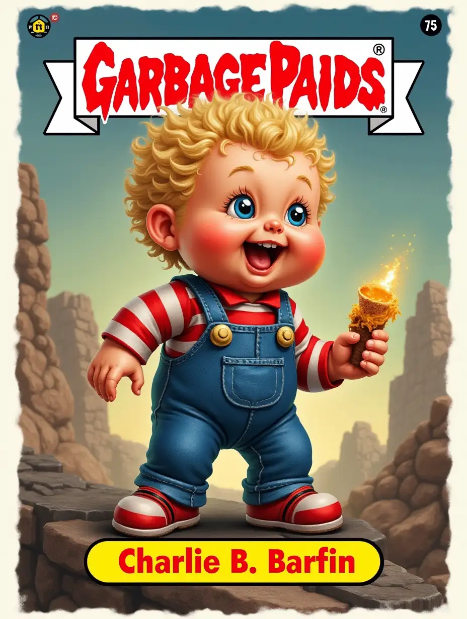 Garbage Pail Kids trading card, Text on bottom: Charlie B. Barfin