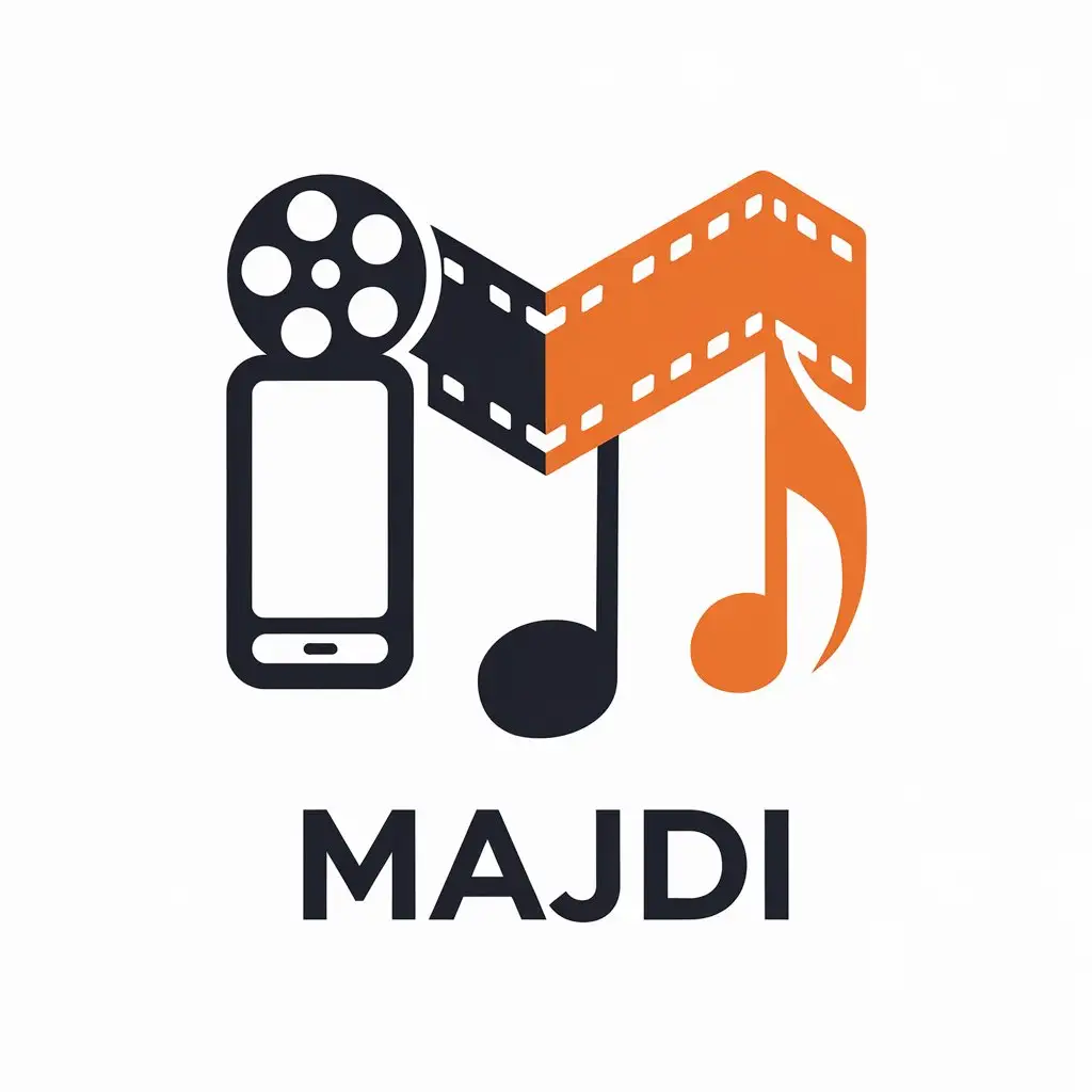 a vector logo design,with the text "Majdi", main symbol:Logo about mobile accessories and movie and music,Moderate,be used in Technology industry,clear background