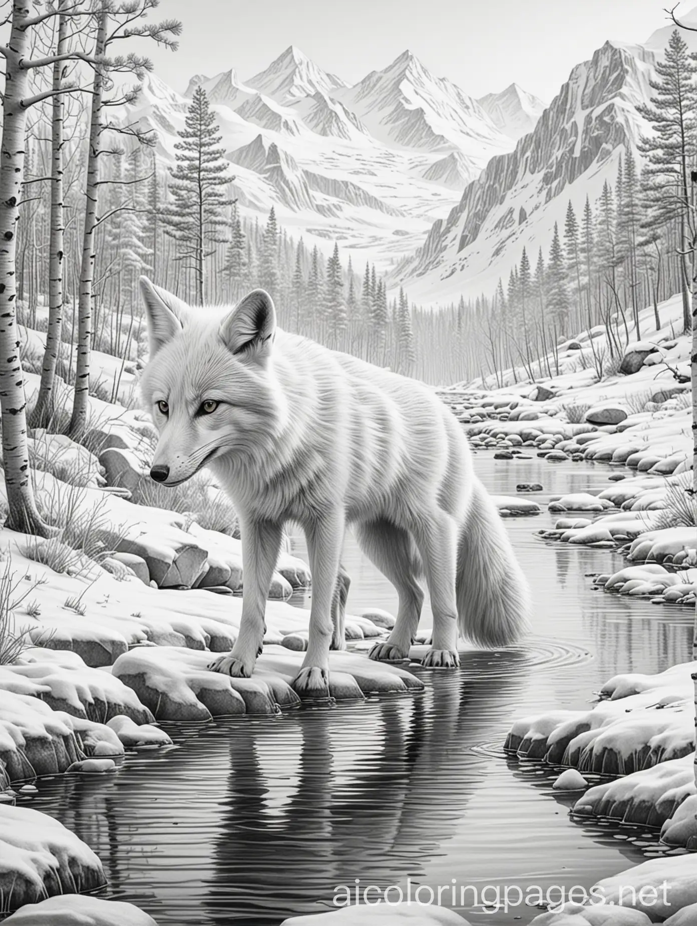 Arctic-Fox-Drinking-from-River-Coloring-Page