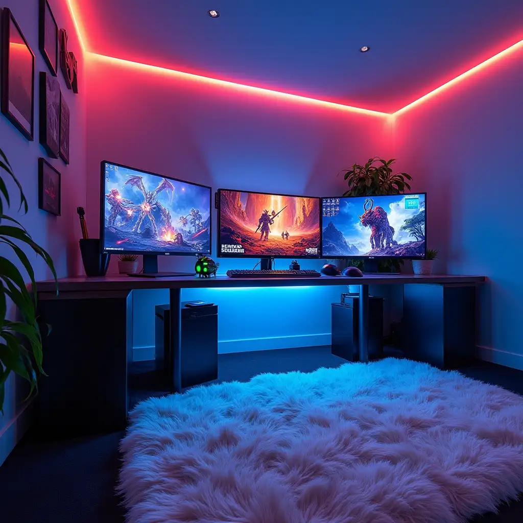 Gaming room white carpet, illuminated balls on the table a small robot toy with three monitors next to each other with images of Demon Slayer bright room colorful 180 Degree Panorama image