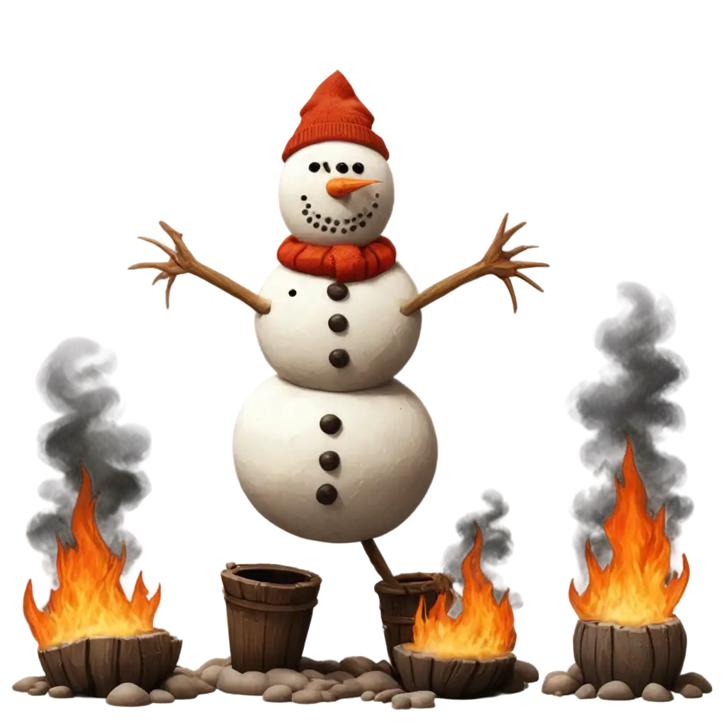 Snowman Thomasso Torquemada with a fireplace poker jumps over the fires of inquisition