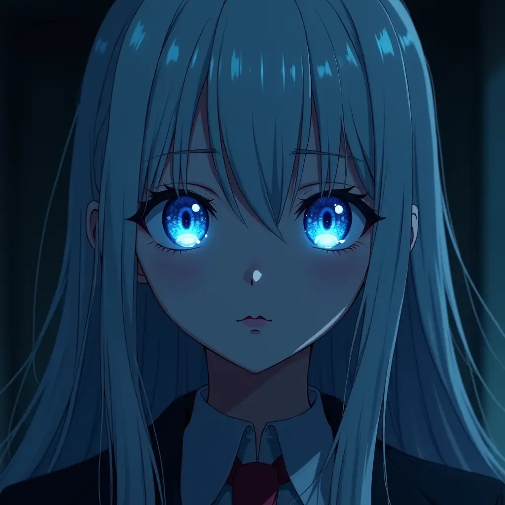 A cute woman, detailed blue laser shine eyes, long hair, white hair, dark room, [anime | cinematic, epic realistic, extra detailed], uhd, hdr, 8k