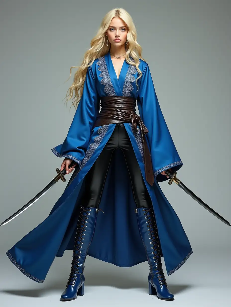 Young-Female-Warrior-in-Embroidered-Blue-Robes-with-Wakizashi-Swords