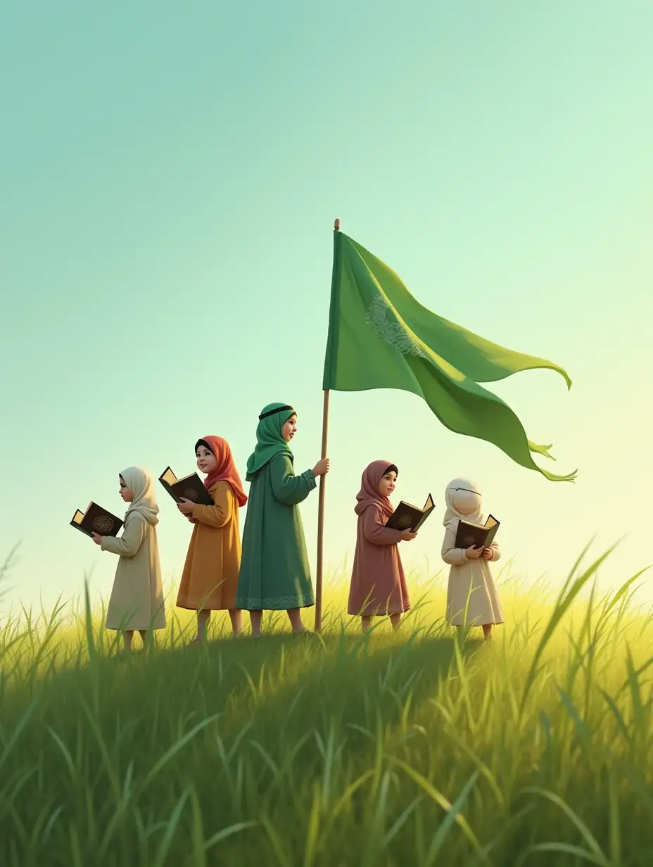 children of different colors carrying the Quran in a high place within a green meadow with different clothes and with them a green flag