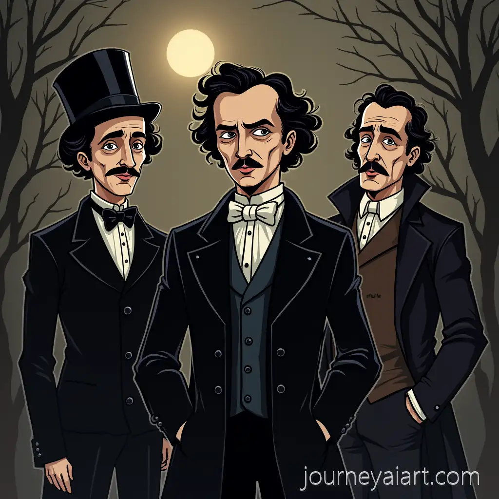 Edgar-Allan-Poe-Charles-DickensAI-Art-Prompt-Expansion-and-Conan-Doyle-in-Gothic-Cartoon-Style