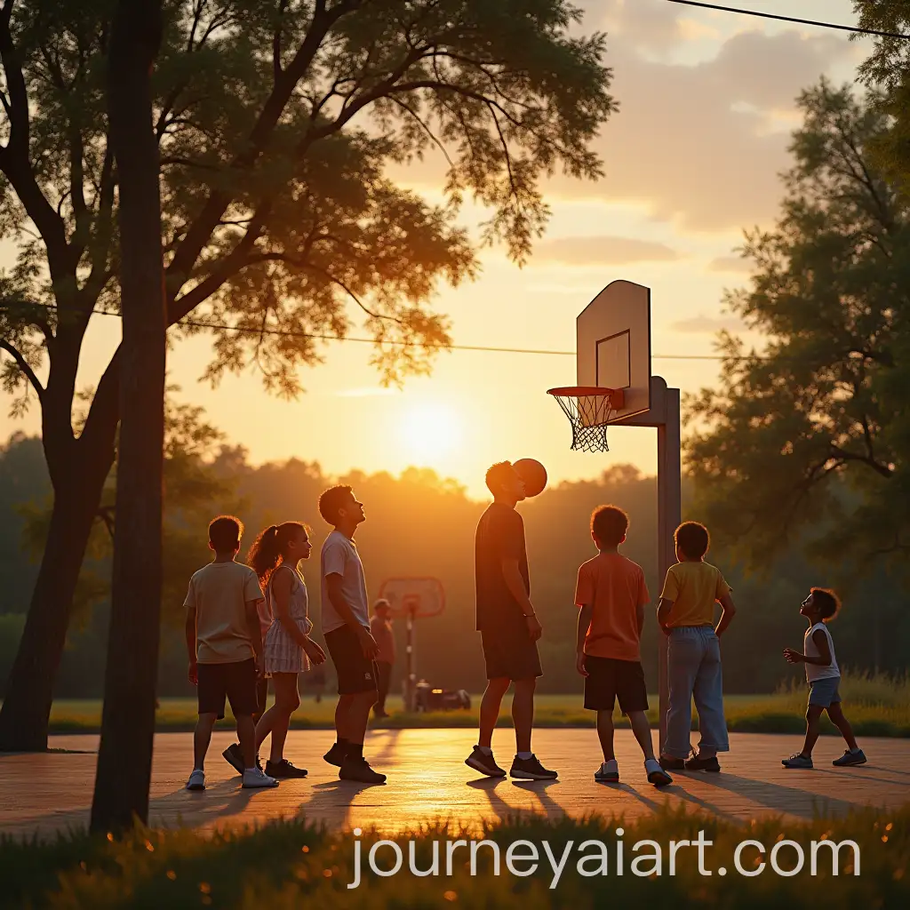 Teenagers-Playing-Basketball-in-a-Neighborhood-Park-at-Sunset-with-Nostalgic-Summer-Vibe