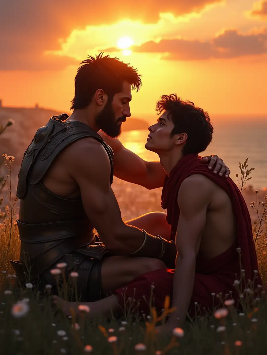 A deeply emotional and intimate scene from Greek mythology, capturing the bond between Achilles and Patroclus. Achilles, the mighty Greek hero with a muscular, battle-worn physique, sits beside Patroclus, a gentle and kind-hearted warrior, under the warm glow of a sunset. Achilles wears his bronze armor partially removed, his expression vulnerable as he gazes at Patroclus, who rests a comforting hand on his shoulder. The two are seated on a grassy hill overlooking the Trojan battlefield, their weapons laid aside, symbolizing a rare moment of peace amidst the chaos of war. Patroclus, with soft features and an empathetic gaze, leans slightly closer, exuding warmth and understanding. Around them, wildflowers sway gently in the breeze, and the distant sea reflects the fiery colors of the sunset. The atmosphere is serene yet heavy with unspoken emotions, emphasizing the profound love and trust that binds them together