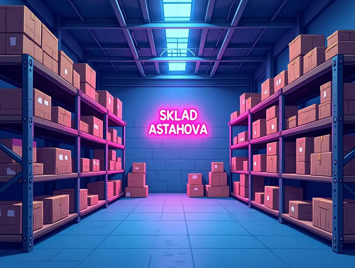 Background large warehouse, shelves on the shelves stand cartoon boxes, details, in the background wall, on the wall neon sign *SKLAD ASTAHOVA*, cartoon style, colors blue pink purple