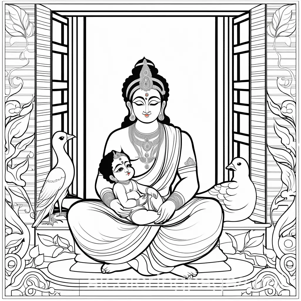 Baby-Krishna-Emerges-in-a-Dark-Prison-Cell-Guarded-by-Vasudeva-Coloring-Page